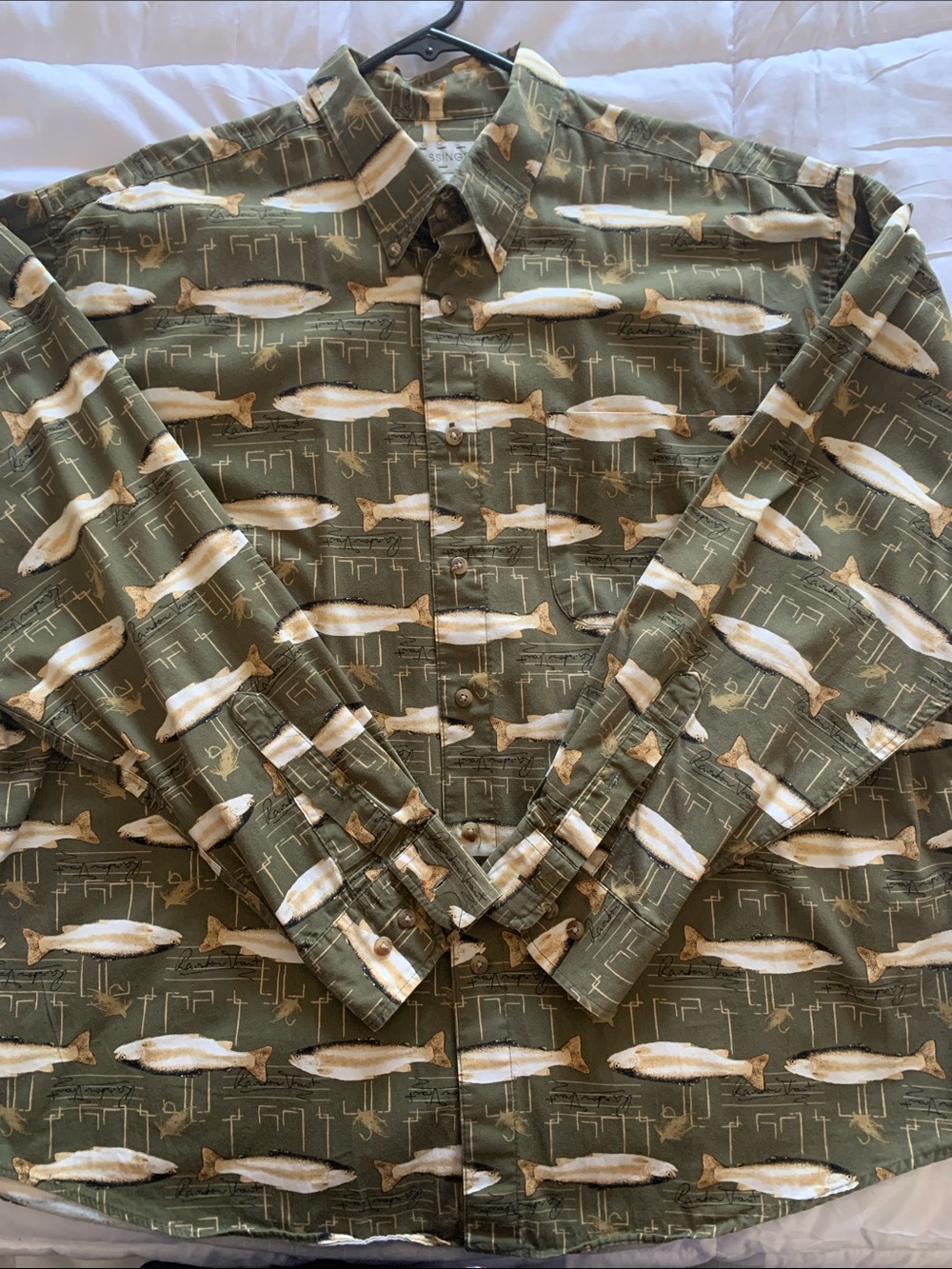 Crossings Men’s XL Olive Green Fishing Print Button-Up Shirt Long Sleeve